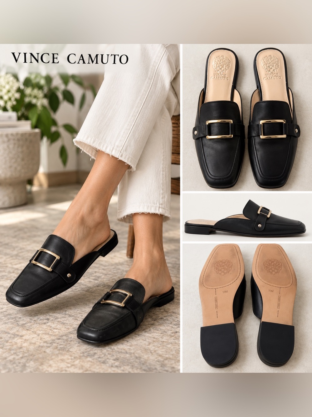 Vince Camuto Black Leather Buckle Loafer Mules Square Toe Slip On Shoes